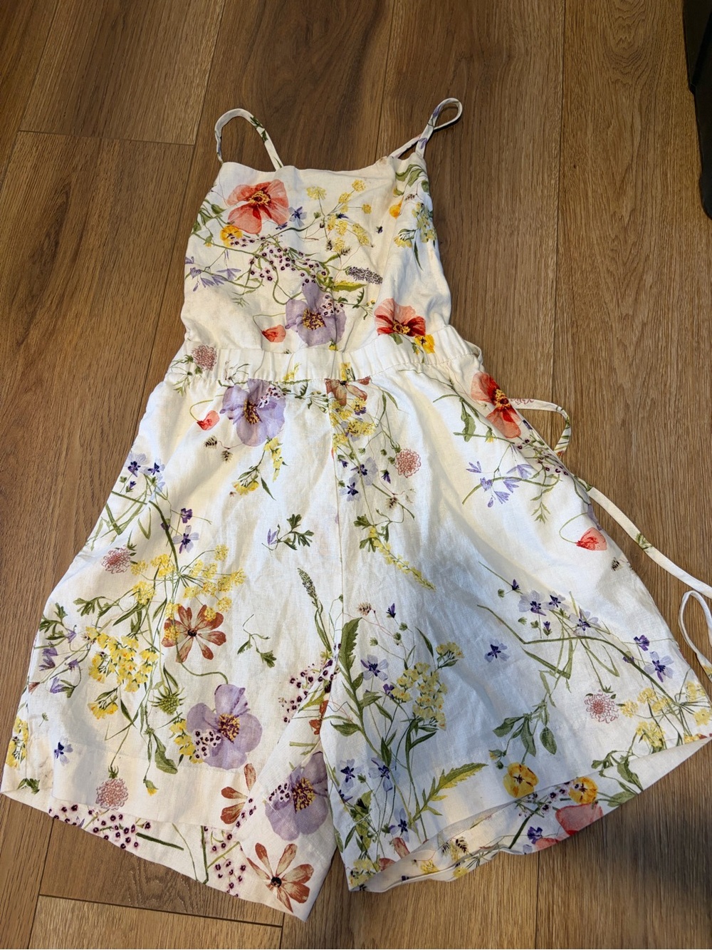 H&M White Floral Spaghetti Strap Romper with Multicolor Blooms